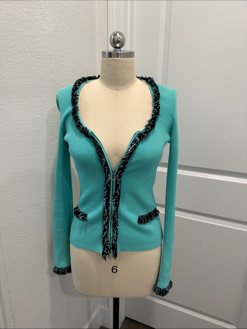 Cache Teal Fringe Trim Ribbed Cardigan